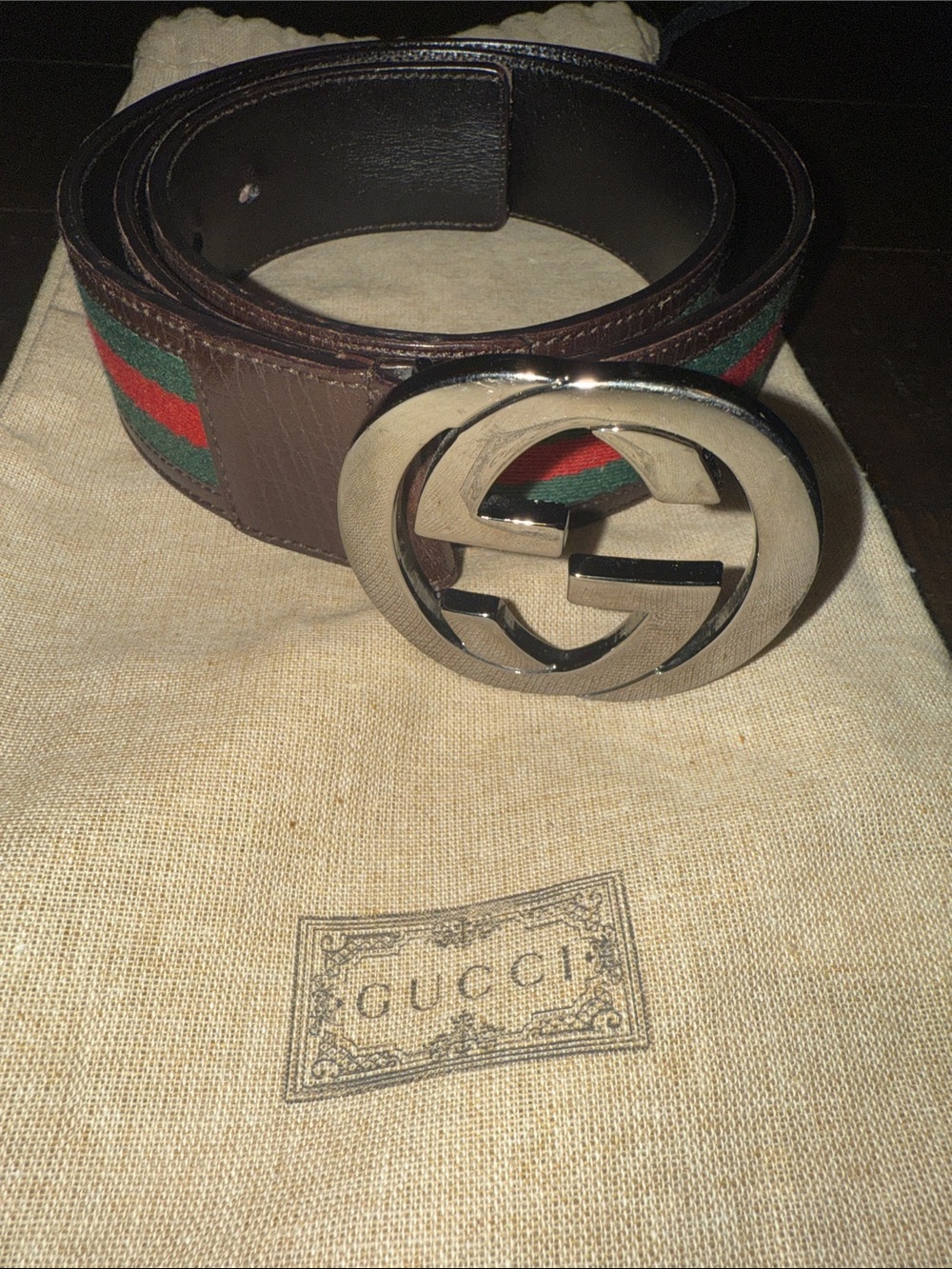 Gucci Brown Leather Belt with Green and Red Web Stripe